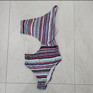 Poshmark Listing Description:🎨 Colorful One-Shoulder Cutout Swimsuit – Trendy